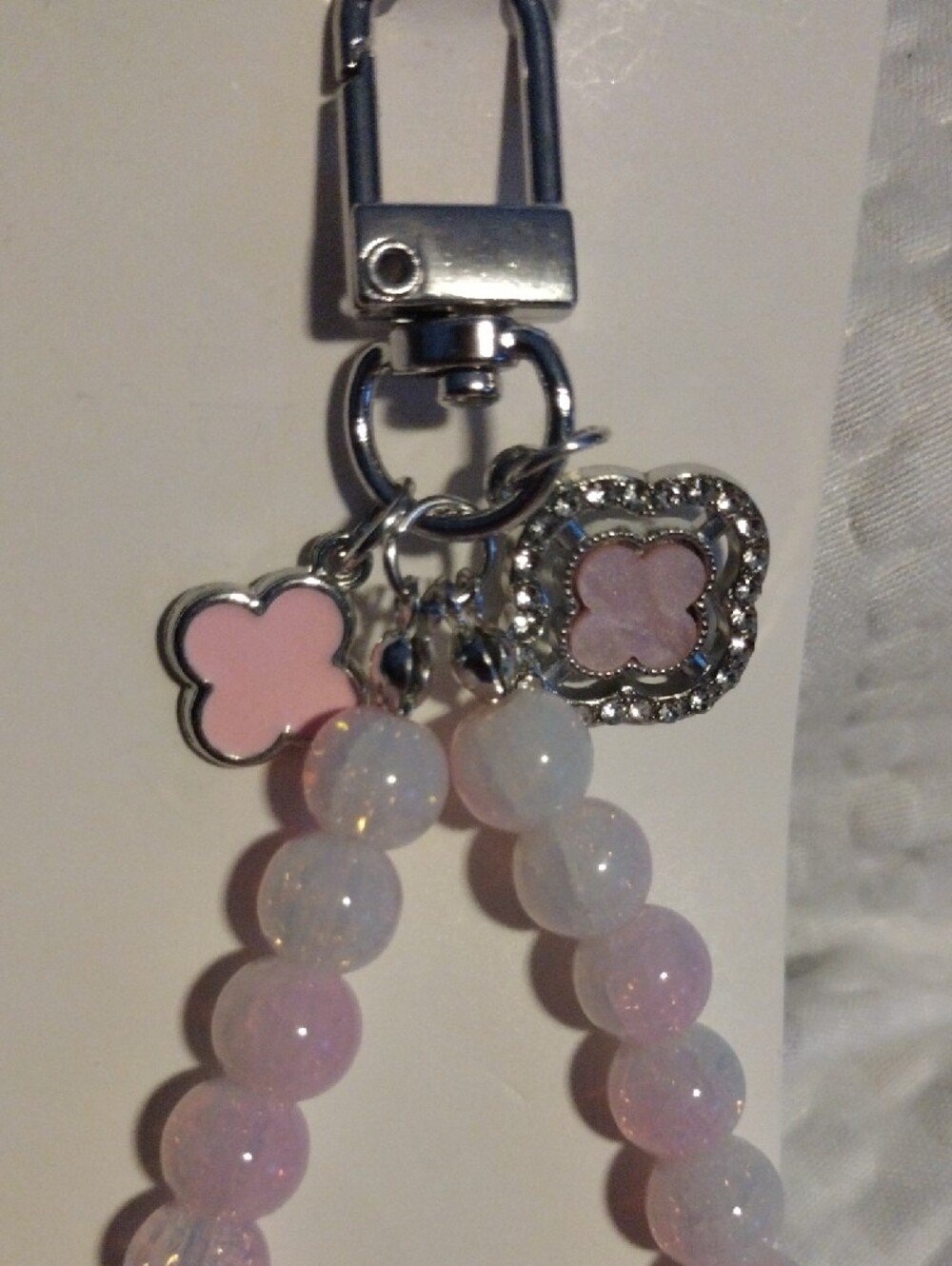 Pink Beaded Keychain Wristlet with Clover Charms - Picture 3 of 4